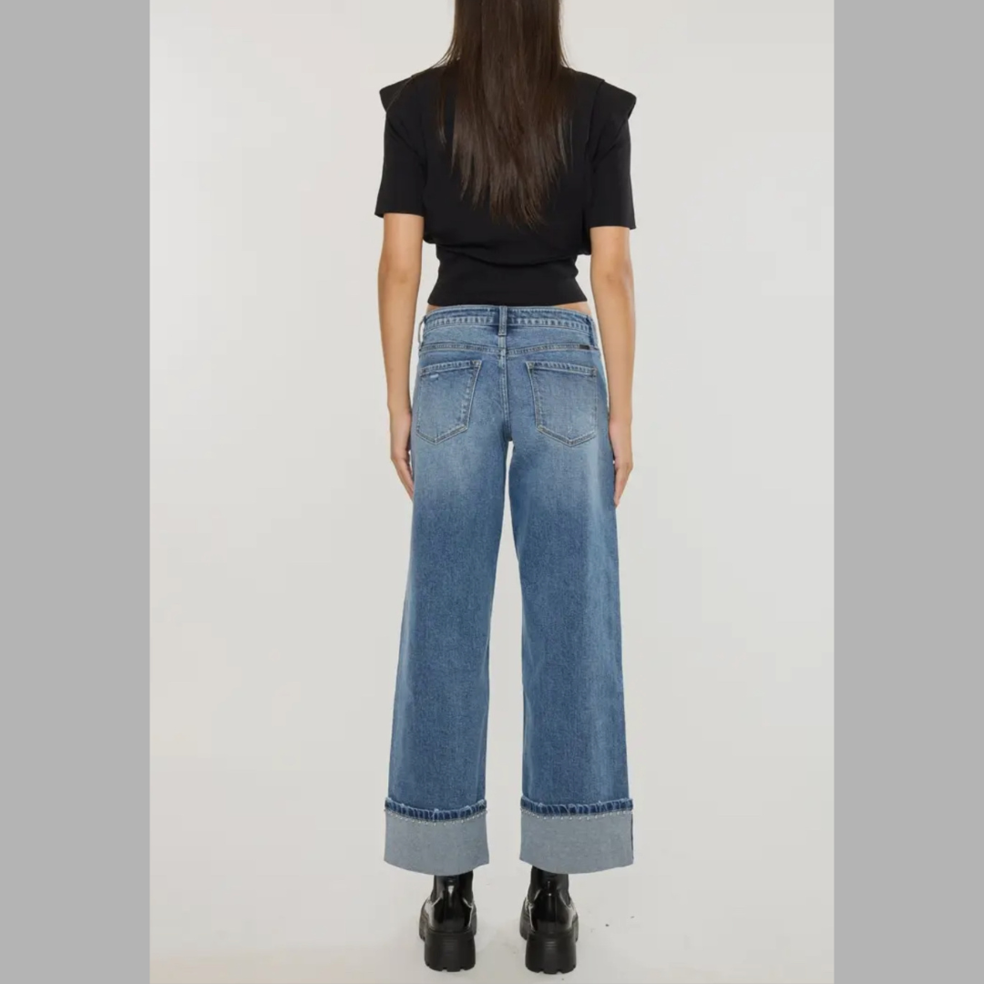 Gemma Mid Rise Studded Wide Leg Jeans with Regular Hem
