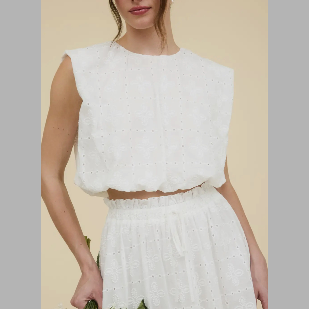 RESTOCKED White Eyelet Sleeveless Top & Shirts Set