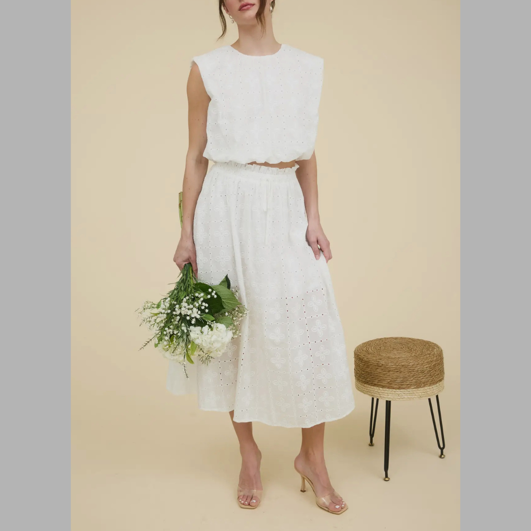 RESTOCKED White Eyelet Sleeveless Top & Shirts Set