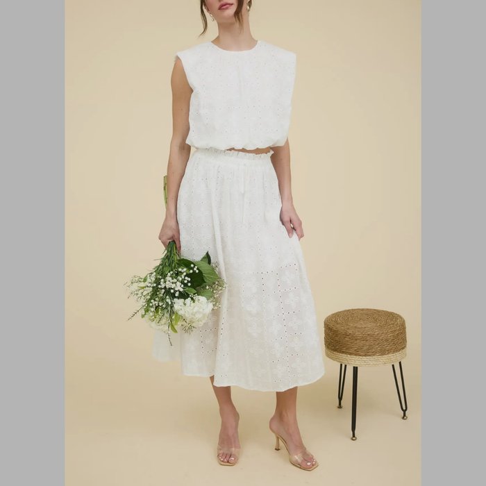 RESTOCKED White Eyelet Sleeveless Top & Shirts Set