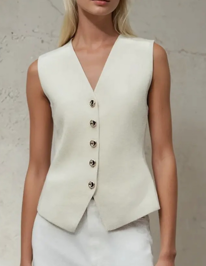 Elena Fine Knit Sleeveless Vest Top with Gold Buttons