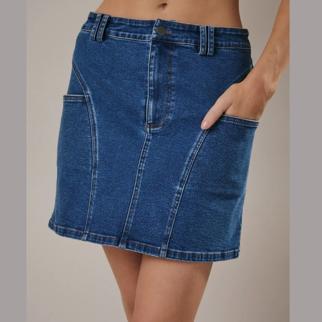 Zoey Curve Shape Seam Detail Denim Mini Skirt