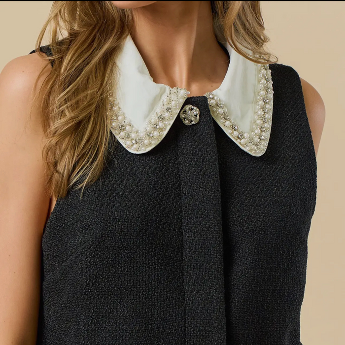 Laney Black Tweed Sleeveless Top with White Contrast Collar