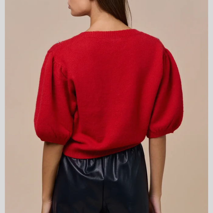 Crystal Peplum Sleeve Embroidered Leaves Sweater
