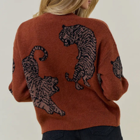 Tiger Print Button-Up Knit Cardigan Sweater