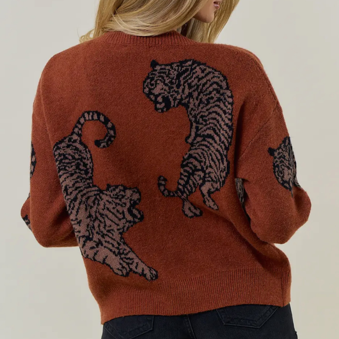 Tiger Print Button-Up Knit Cardigan Sweater