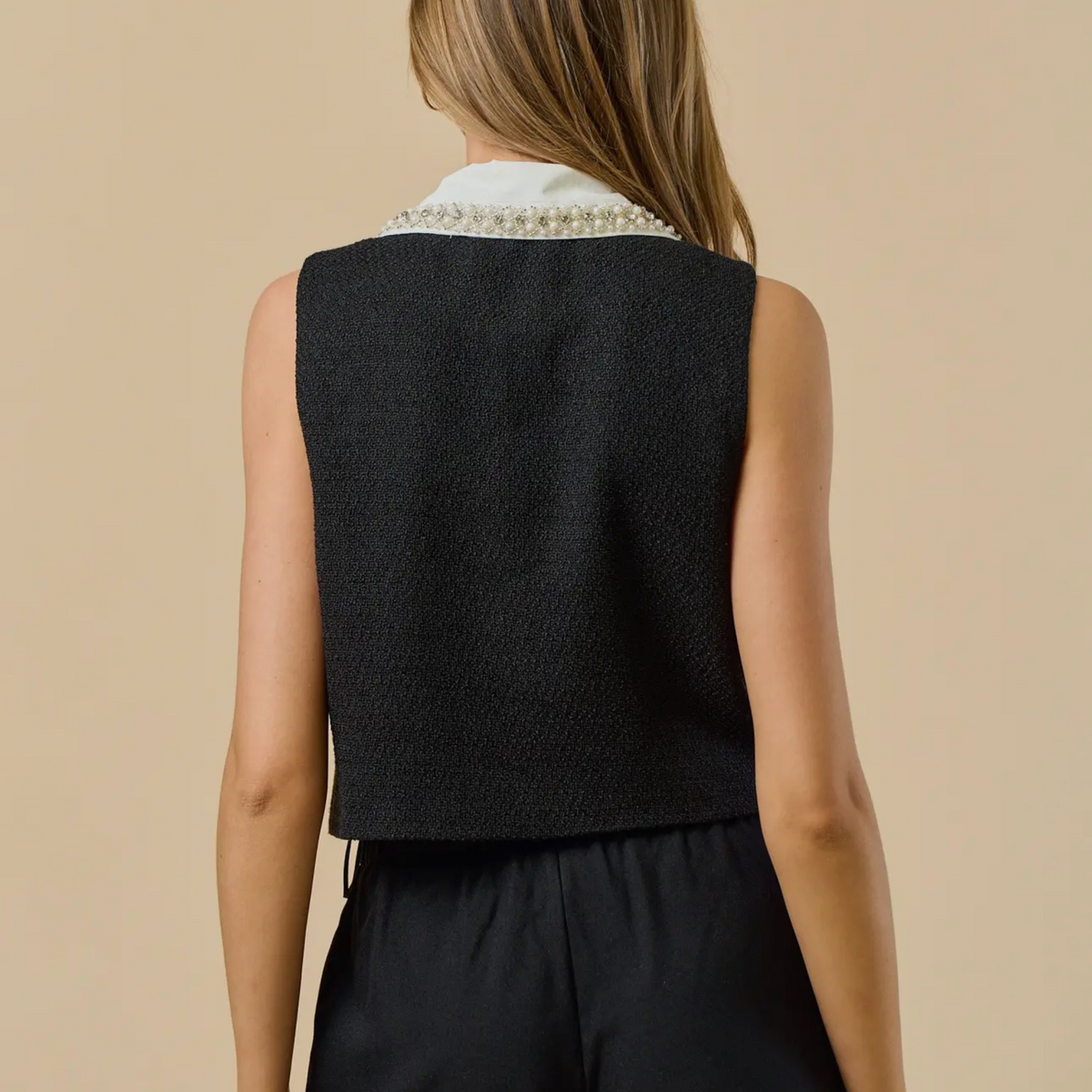 Laney Black Tweed Sleeveless Top with White Contrast Collar