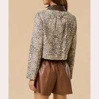 Daphne Leopard Botton Down Jacket with Faux Collar Contrast Trim