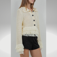 Angelica Fringe Detailed Soft Knit Button Down Cardigan