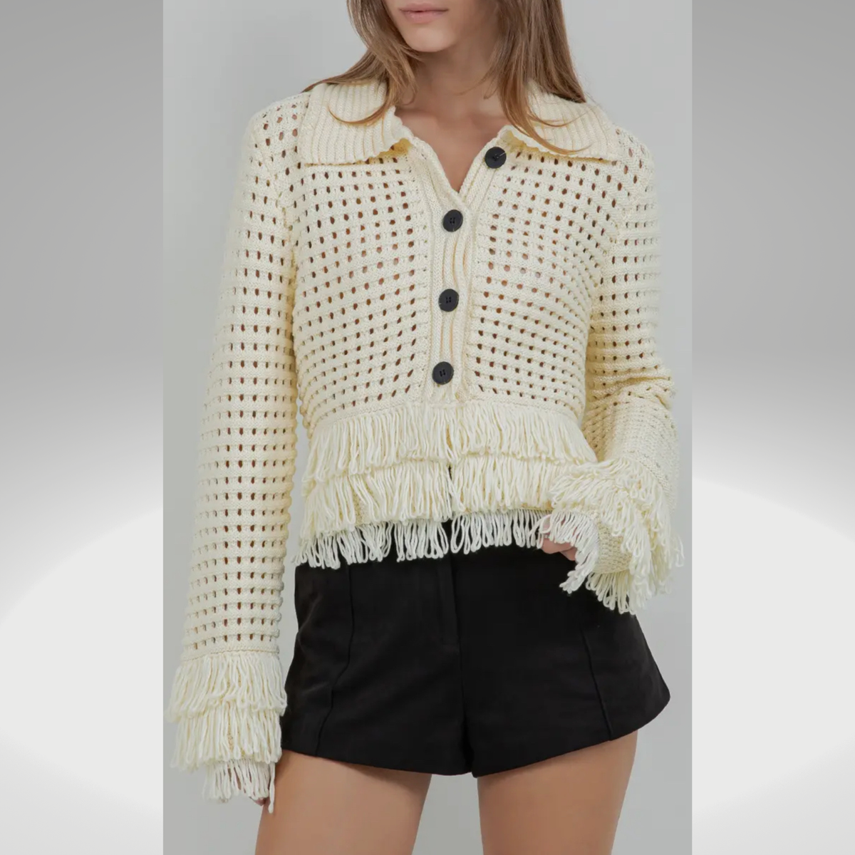 Angelica Fringe Detailed Soft Knit Button Down Cardigan