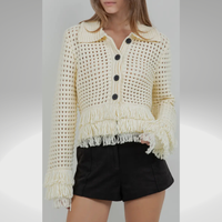 Angelica Fringe Detailed Soft Knit Button Down Cardigan
