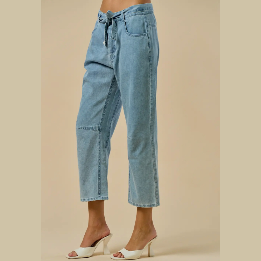 Lily Pearl Detailed Belt Denim Pants