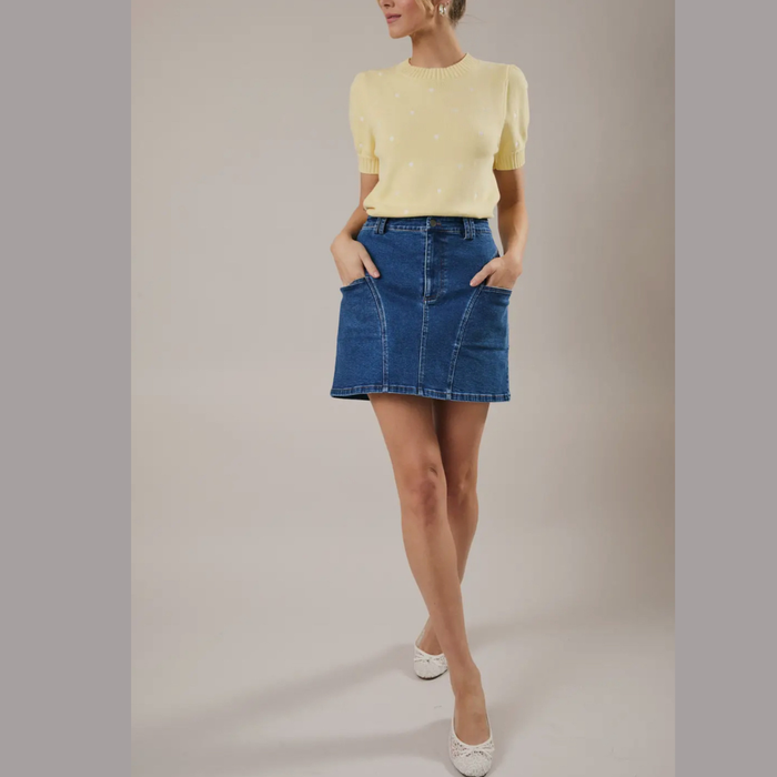Zoey Curve Shape Seam Detail Denim Mini Skirt