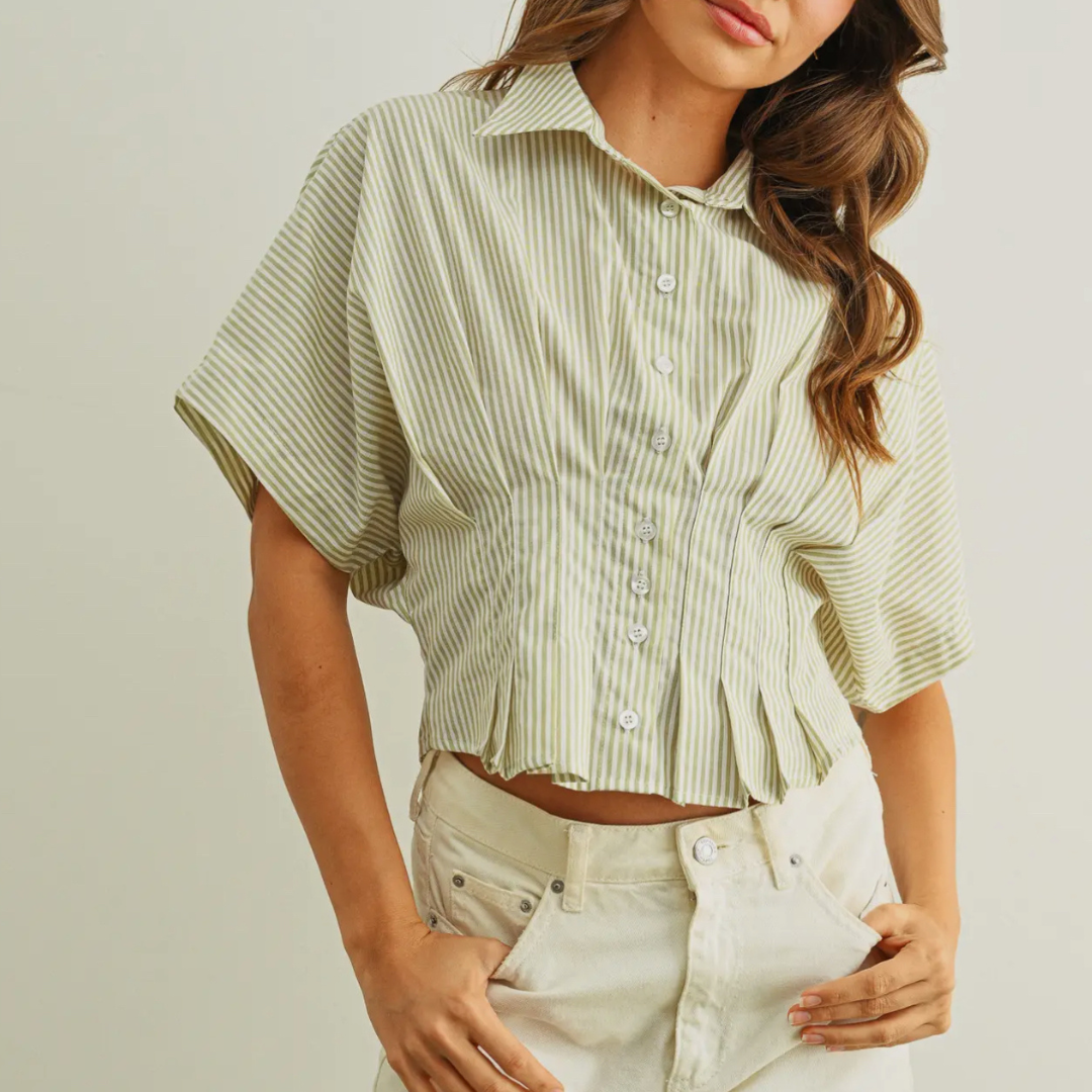 Camila Stripe Button Front with Pleated Waist Shirt