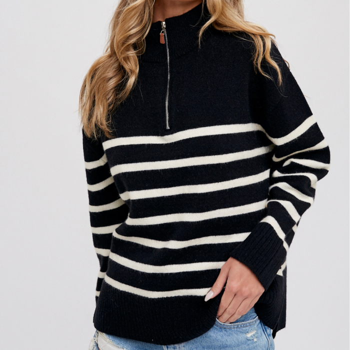 STRIPED QUARTER ZIP SWEATER