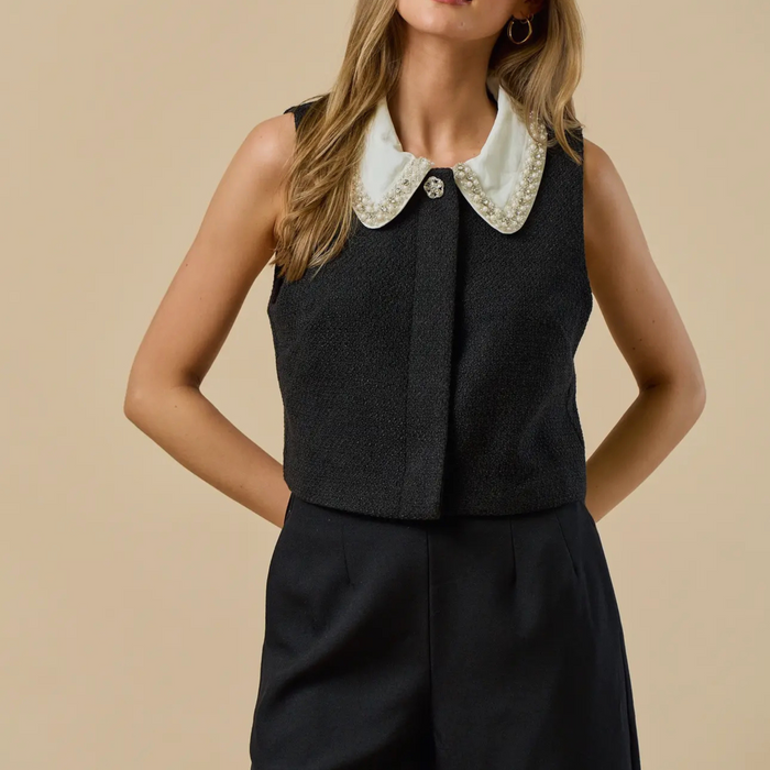 Laney Black Tweed Sleeveless Top with White Contrast Collar