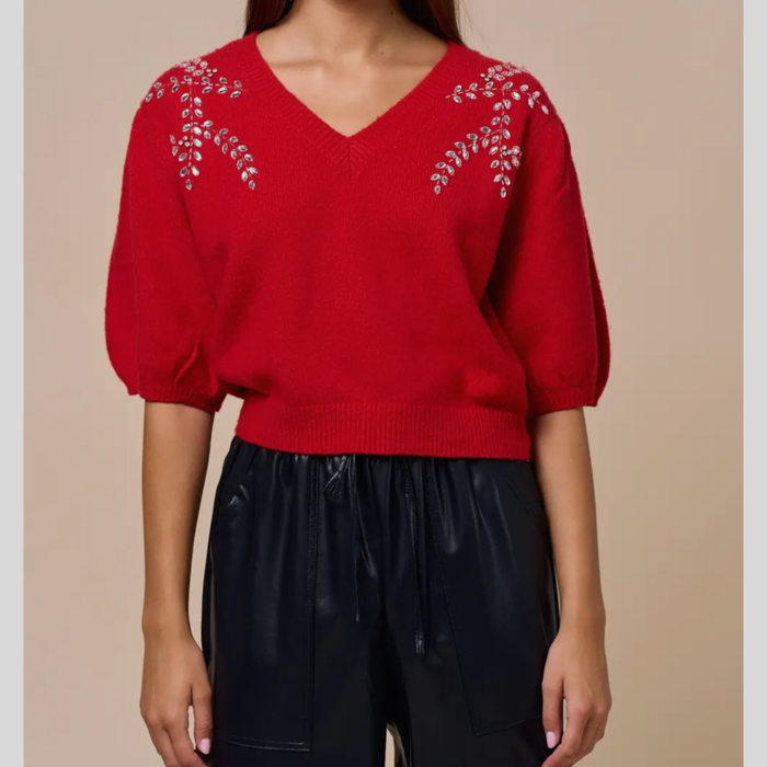 Crystal Peplum Sleeve Embroidered Leaves Sweater