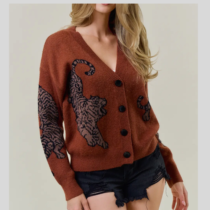 Tiger Print Button-Up Knit Cardigan Sweater