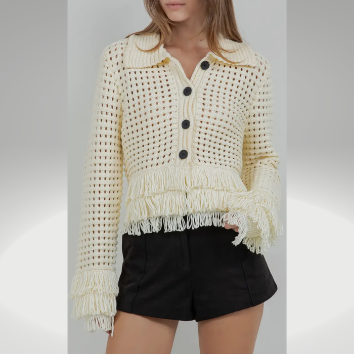 Angelica Fringe Detailed Soft Knit Button Down Cardigan