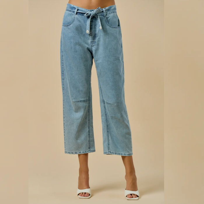 Lily Pearl Detailed Belt Denim Pants