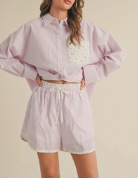 Isla Striped & Floral Contrast Long Sleeve Button-Up Shirt and Short Set