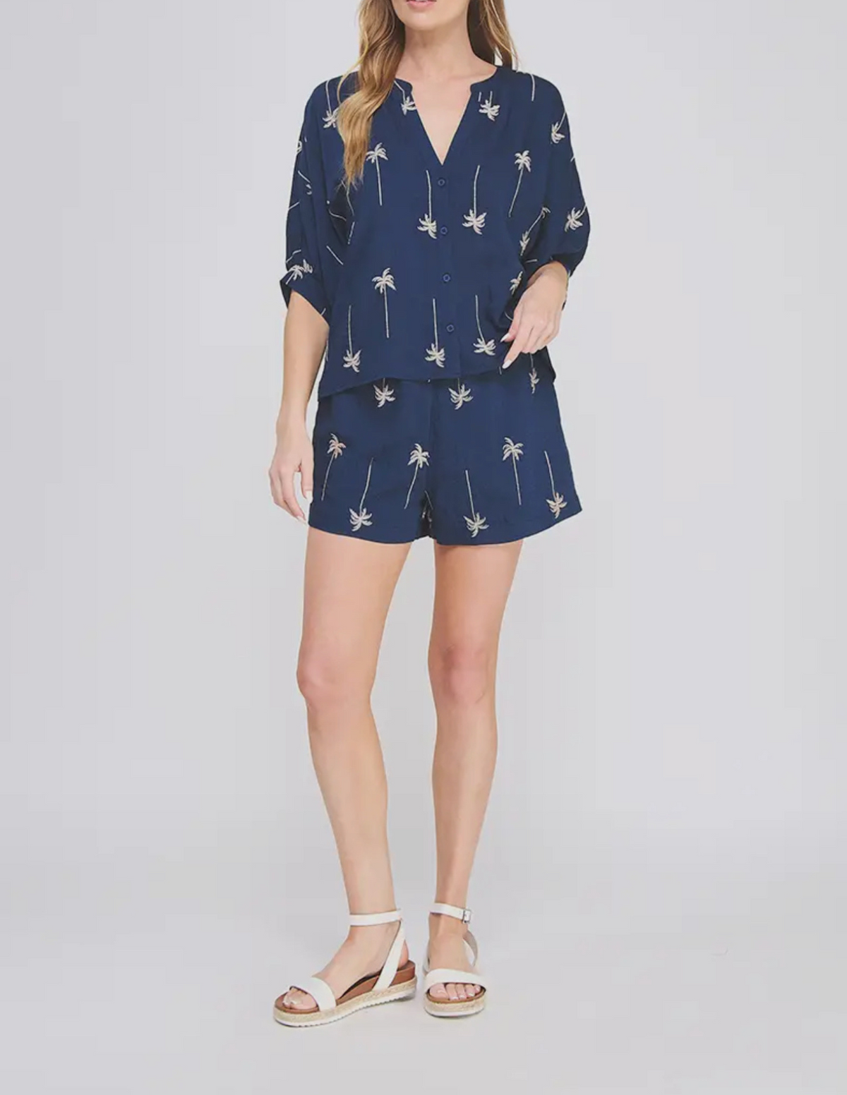 RESTOCKED Navy Blue and Gold Palm Embroidered Shirt & Shorts Set