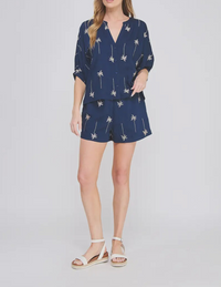 RESTOCKED Navy Blue and Gold Palm Embroidered Shirt & Shorts Set