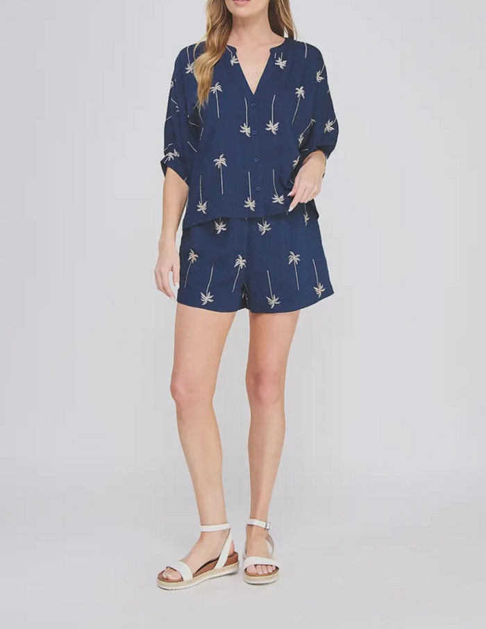 RESTOCKED Navy Blue and Gold Palm Embroidered Shirt & Shorts Set