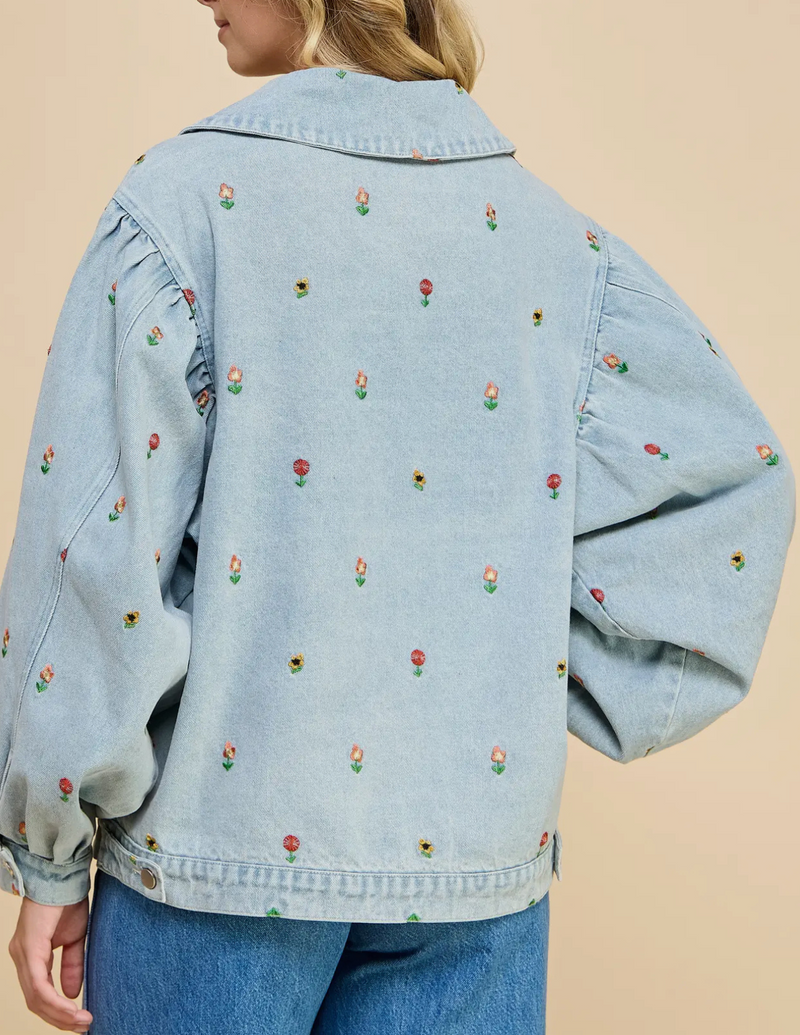 Lila Bloom Oversized Embroidered Denim Jacket