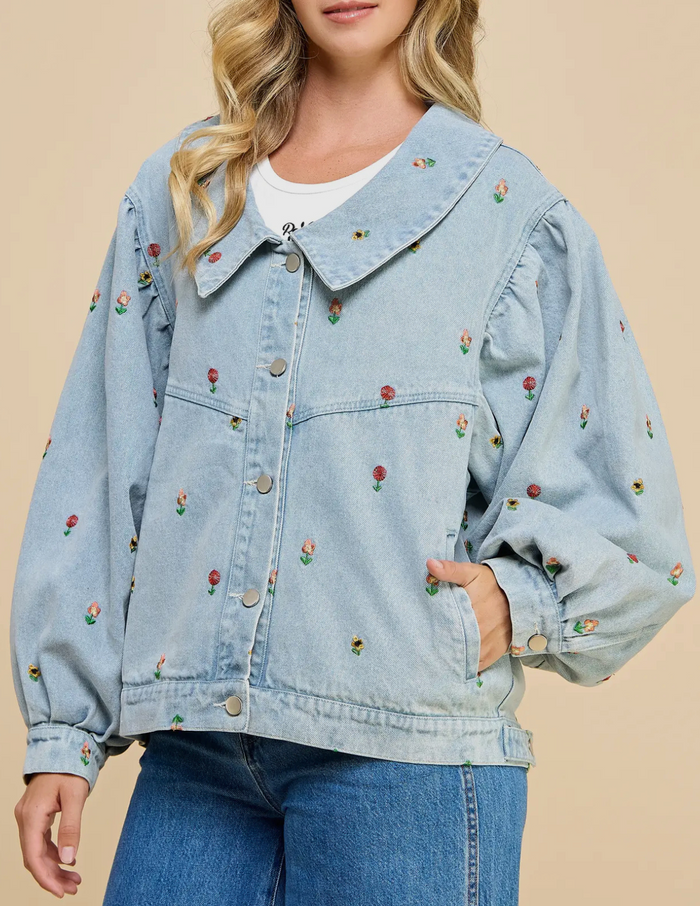 Lila Bloom Oversized Embroidered Denim Jacket