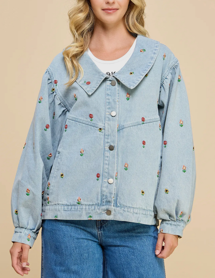 Lila Bloom Oversized Embroidered Denim Jacket