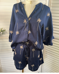 RESTOCKED Navy Blue and Gold Palm Embroidered Shirt & Shorts Set