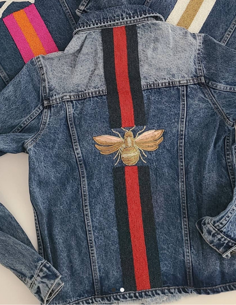 Bee Embroidered Striped Denim Jacket