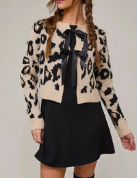 Emma Leopard Print Satin Bow Tie Cardigan