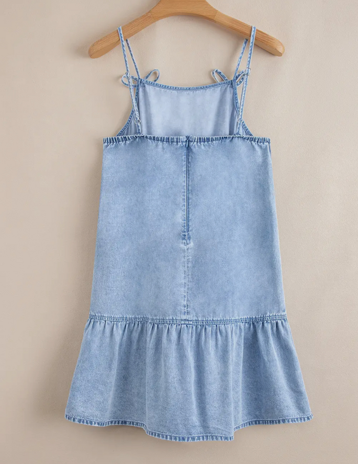 Tallulah Bow Detail Ruffle Hem Denim Mini Dress
