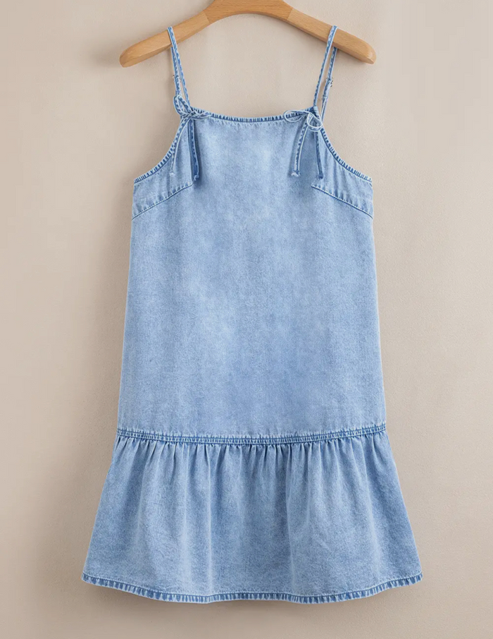 Tallulah Bow Detail Ruffle Hem Denim Mini Dress