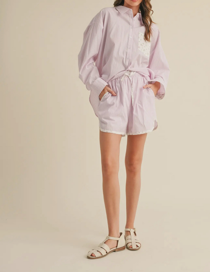 Isla Striped & Floral Contrast Long Sleeve Button-Up Shirt and Short Set