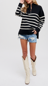 STRIPED QUARTER ZIP SWEATER