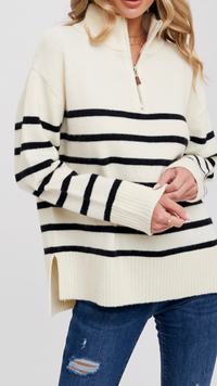 STRIPED QUARTER ZIP SWEATER