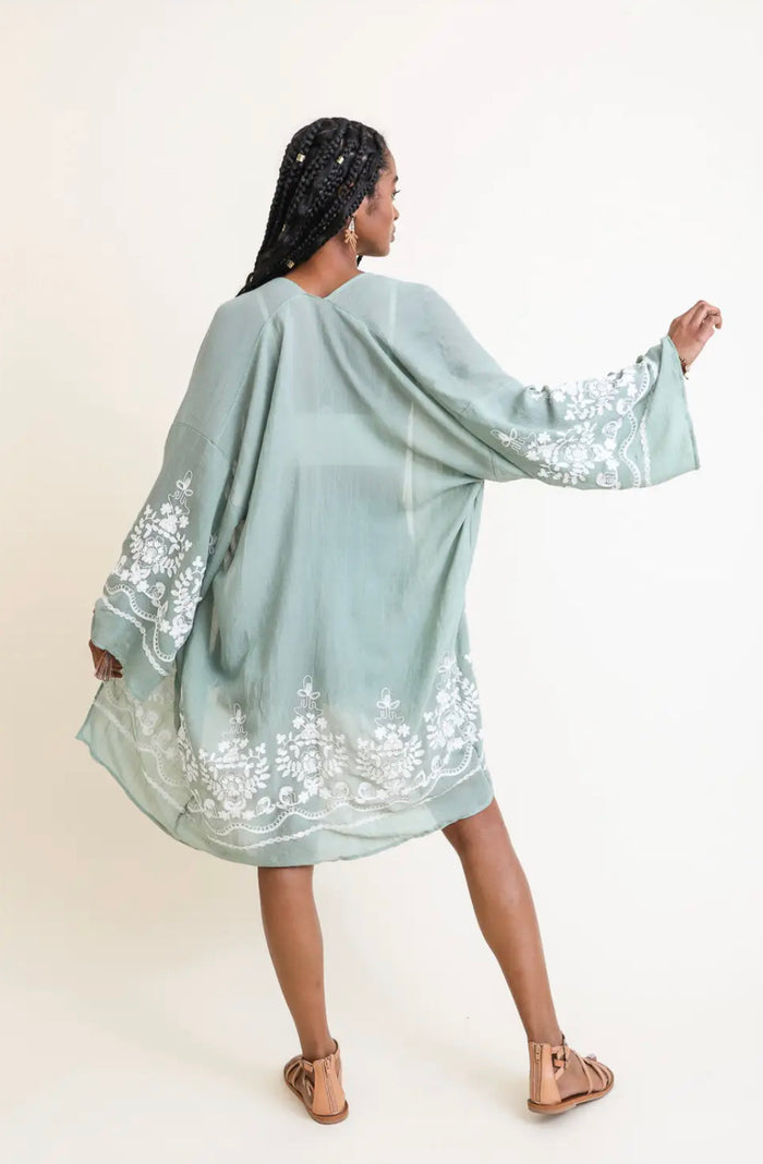 EMBROIDERED FLORAL SAGE KIMONO