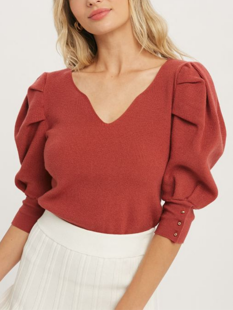 PUFF SLEEVE V-NECK SWEATER