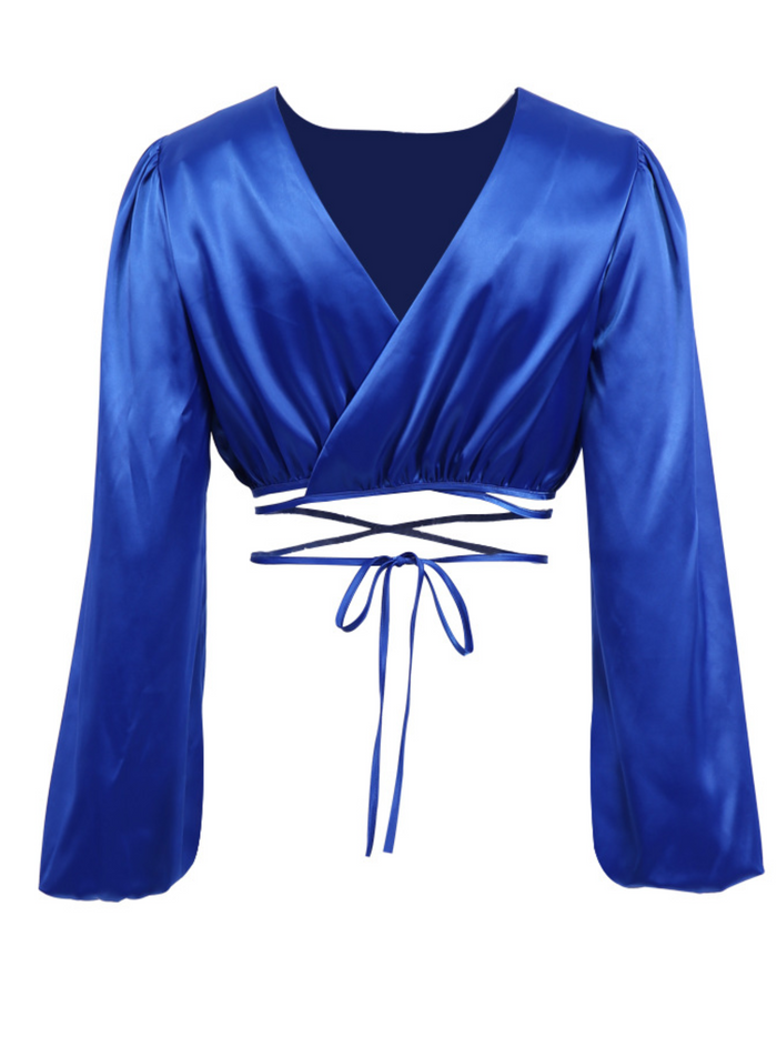 ROYAL BLUE SATIN FRONT WRAP TIE-WAIST TOP