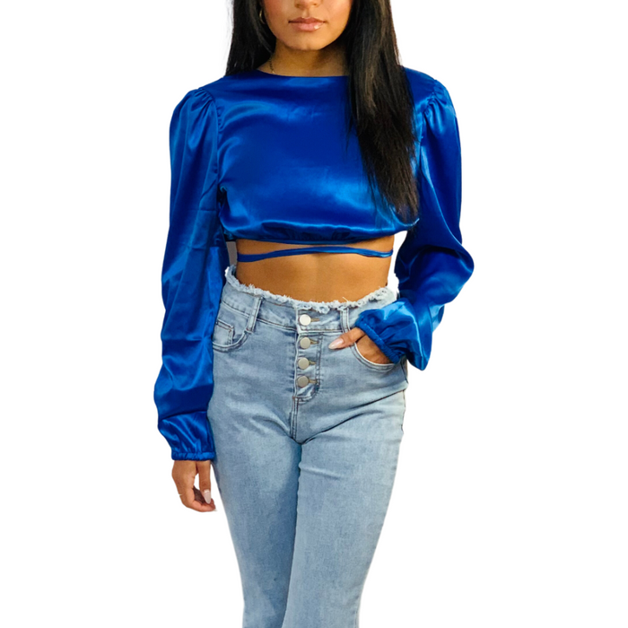 ROYAL BLUE SATIN FRONT WRAP TIE-WAIST TOP