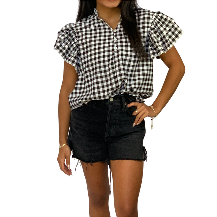 GINGHAM RUFFLE SLEEVE TOP