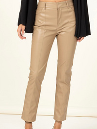 KHAKI VEGAN LEATHER PANTS