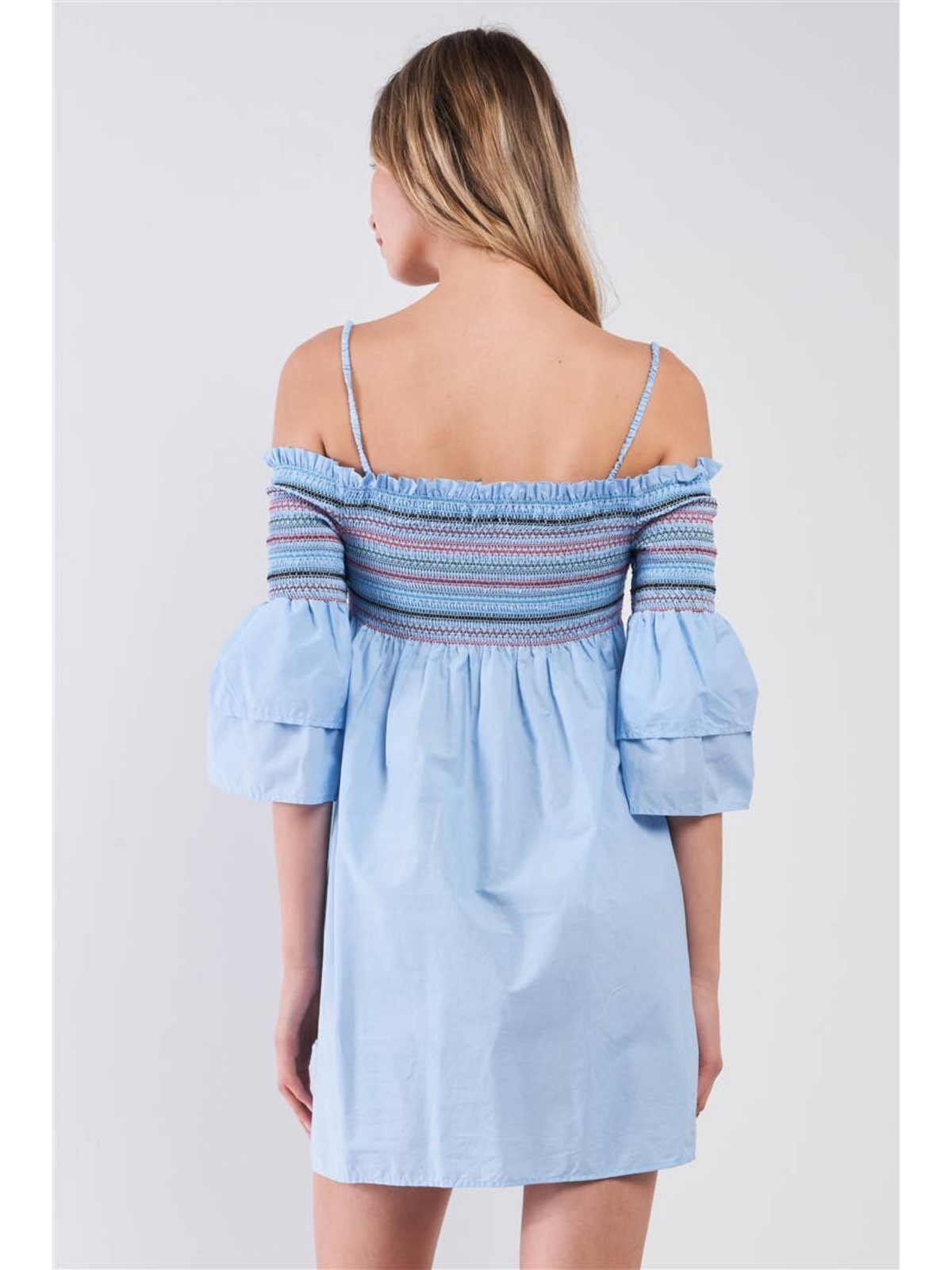 BLUE COLD SHOULDER COLORFUL BELL SLEEVE DRESS